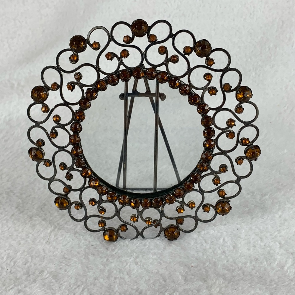 Metal Photo Frame Round With Amber Rhinestones Retro 5" Diameter Photo‎ Size 3"
